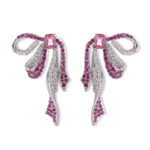 Elegant CZ ribbon bow knot dangle earrings featuring micro-pave pink cubic zirconia stones, rectangular accent gem, and 925 sterling silver posts available on junejewelry.com