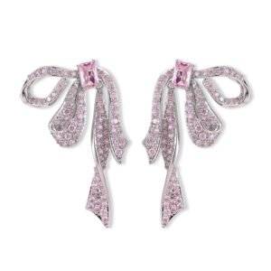 Elegant CZ ribbon bow knot dangle earrings featuring micro-pave pink cubic zirconia stones, rectangular accent gem, and 925 sterling silver posts available on junejewelry.com