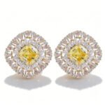 Luxury cushion cut CZ sunburst statement stud earrings featuring a central cushion-cut gemstone encircled by multi-tier pear-cut cubic zirconia halos with 925 sterling silver posts