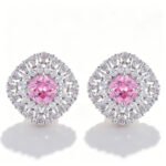 Luxury cushion cut CZ sunburst statement stud earrings featuring a central cushion-cut gemstone encircled by multi-tier pear-cut cubic zirconia halos with 925 sterling silver posts