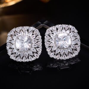 Luxury cushion cut CZ sunburst statement stud earrings featuring a central cushion-cut gemstone encircled by multi-tier pear-cut cubic zirconia halos with 925 sterling silver posts