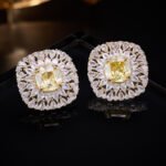 Luxury cushion cut CZ sunburst statement stud earrings featuring a central cushion-cut gemstone encircled by multi-tier pear-cut cubic zirconia halos with 925 sterling silver posts