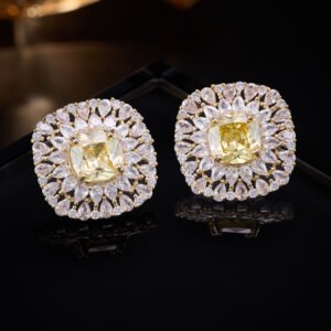 Luxury cushion cut CZ sunburst statement stud earrings featuring a central cushion-cut gemstone encircled by multi-tier pear-cut cubic zirconia halos with 925 sterling silver posts