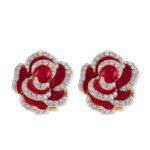 Layered enamel rose clip-on stud earrings featuring clear rhinestone-rimmed petals in rich red and classic black enamel finishes.