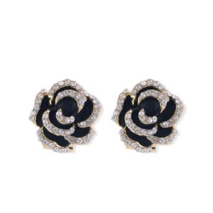 Layered enamel rose clip-on stud earrings featuring clear rhinestone-rimmed petals in rich red and classic black enamel finishes.