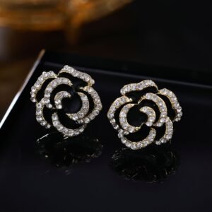 Layered enamel rose clip-on stud earrings featuring clear rhinestone-rimmed petals in rich red and classic black enamel finishes.