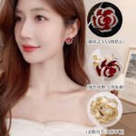 Layered enamel rose clip-on stud earrings featuring clear rhinestone-rimmed petals in rich red and classic black enamel finishes.
