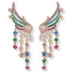 Multicolor rainbow CZ angel wing drop earrings featuring curved wing tops, dangling colorful cz stone strands, star accents, and 16K gold plating.