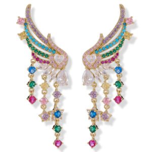 Multicolor rainbow CZ angel wing drop earrings featuring curved wing tops, dangling colorful cz stone strands, star accents, and 16K gold plating.