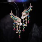 Multicolor rainbow CZ angel wing drop earrings featuring curved wing tops, dangling colorful cz stone strands, star accents, and 16K gold plating.