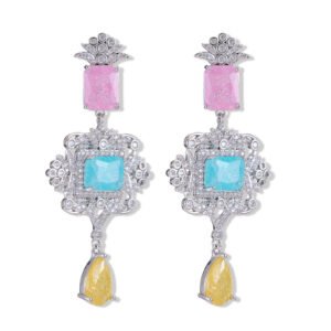 Vintage crackle CZ chandelier drop earrings featuring a geometric multi-tier design, textured ice-crackle gemstones, micro-paved cubic zirconia halo frame, and 925 sterling silver ear posts.