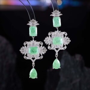 Vintage crackle CZ chandelier drop earrings featuring a geometric multi-tier design, textured ice-crackle gemstones, micro-paved cubic zirconia halo frame, and 925 sterling silver ear posts.