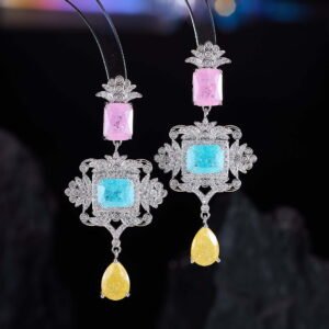 Vintage crackle CZ chandelier drop earrings featuring a geometric multi-tier design, textured ice-crackle gemstones, micro-paved cubic zirconia halo frame, and 925 sterling silver ear posts.