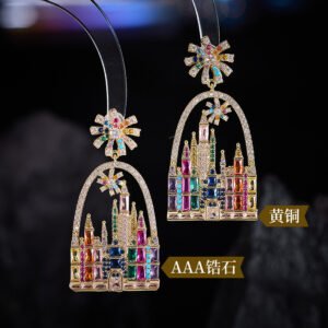 Whimsical fairytale castle arch drop earrings featuring firework star stud topper, pavé frame, and colorful CZ geometric crystal castle towers.