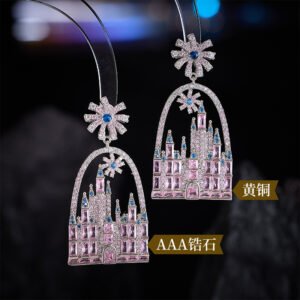 Whimsical fairytale castle arch drop earrings featuring firework star stud topper, pavé frame, and colorful CZ geometric crystal castle towers.