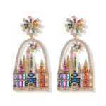 Whimsical fairytale castle arch drop earrings featuring firework star stud topper, pavé frame, and colorful CZ geometric crystal castle towers.