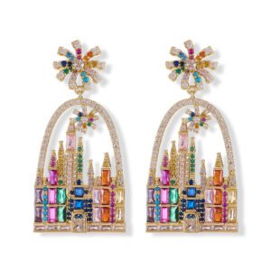 Whimsical fairytale castle arch drop earrings featuring firework star stud topper, pavé frame, and colorful CZ geometric crystal castle towers.