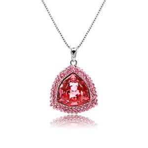 Swarovski crystal triangle necklace wholesale featuring palladium plated brass box chain, double pave halo border, and trillion cut crystal, SKU G100010E.