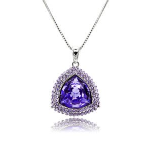 Swarovski crystal triangle necklace wholesale featuring palladium plated brass box chain, double pave halo border, and trillion cut crystal, SKU G100010E.