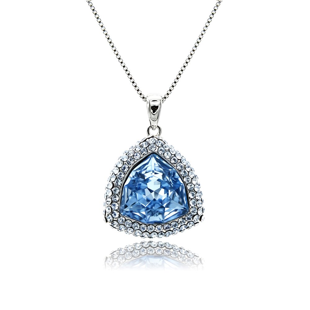 Swarovski crystal triangle necklace wholesale featuring palladium plated brass box chain, double pave halo border, and trillion cut crystal, SKU G100010E.