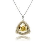 Swarovski crystal triangle necklace wholesale featuring palladium plated brass box chain, double pave halo border, and trillion cut crystal, SKU G100010E.