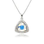 Swarovski crystal triangle necklace wholesale featuring palladium plated brass box chain, double pave halo border, and trillion cut crystal, SKU G100010E.