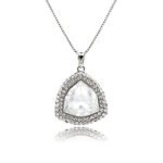 Swarovski crystal triangle necklace wholesale featuring palladium plated brass box chain, double pave halo border, and trillion cut crystal, SKU G100010E.