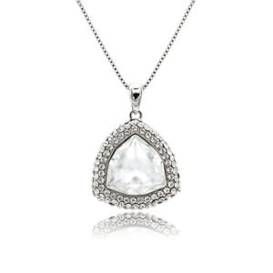 Swarovski crystal triangle necklace wholesale featuring palladium plated brass box chain, double pave halo border, and trillion cut crystal, SKU G100010E.