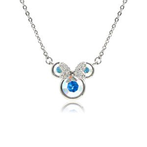 Crystal bow mouse necklace wholesale featuring round Swarovski element crystal mouse silhouette with paved crystal bow, palladium-plated copper chain from junejewelry.com.