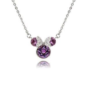 Crystal bow mouse necklace wholesale featuring round Swarovski element crystal mouse silhouette with paved crystal bow, palladium-plated copper chain from junejewelry.com.