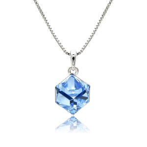 Swarovski crystal cube necklace wholesale featuring palladium plated brass box chain, polished pendant bail, and 3D geometric crystal, SKU G100100E.