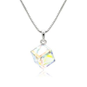Swarovski crystal cube necklace wholesale featuring palladium plated brass box chain, polished pendant bail, and 3D geometric crystal, SKU G100100E.