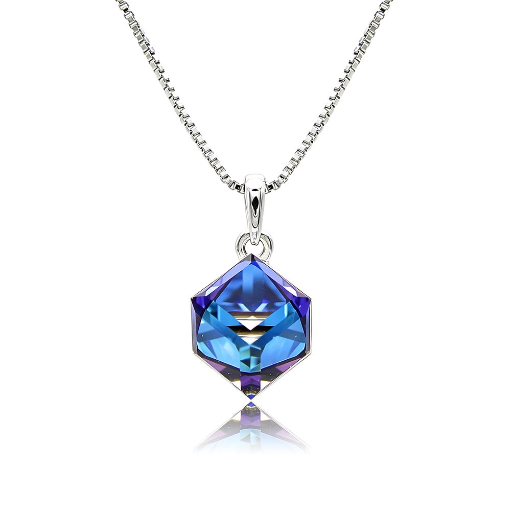 Swarovski crystal cube necklace wholesale featuring palladium plated brass box chain, polished pendant bail, and 3D geometric crystal, SKU G100100E.