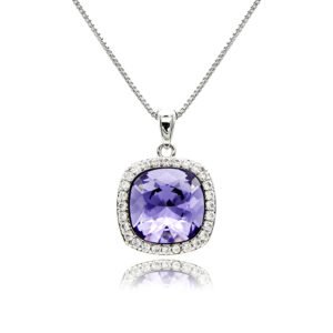 Swarovski crystal cushion necklace wholesale featuring palladium plated brass box chain, paved halo cz bezel, and cushion cut crystal center, SKU G100113E.