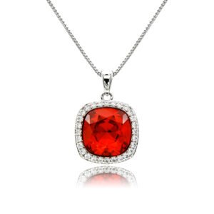Swarovski crystal cushion necklace wholesale featuring palladium plated brass box chain, paved halo cz bezel, and cushion cut crystal center, SKU G100113E.