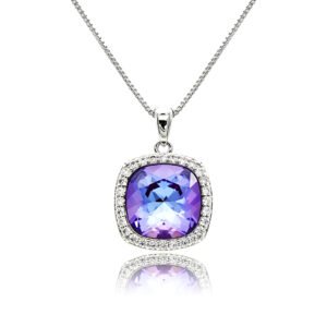 Swarovski crystal cushion necklace wholesale featuring palladium plated brass box chain, paved halo cz bezel, and cushion cut crystal center, SKU G100113E.