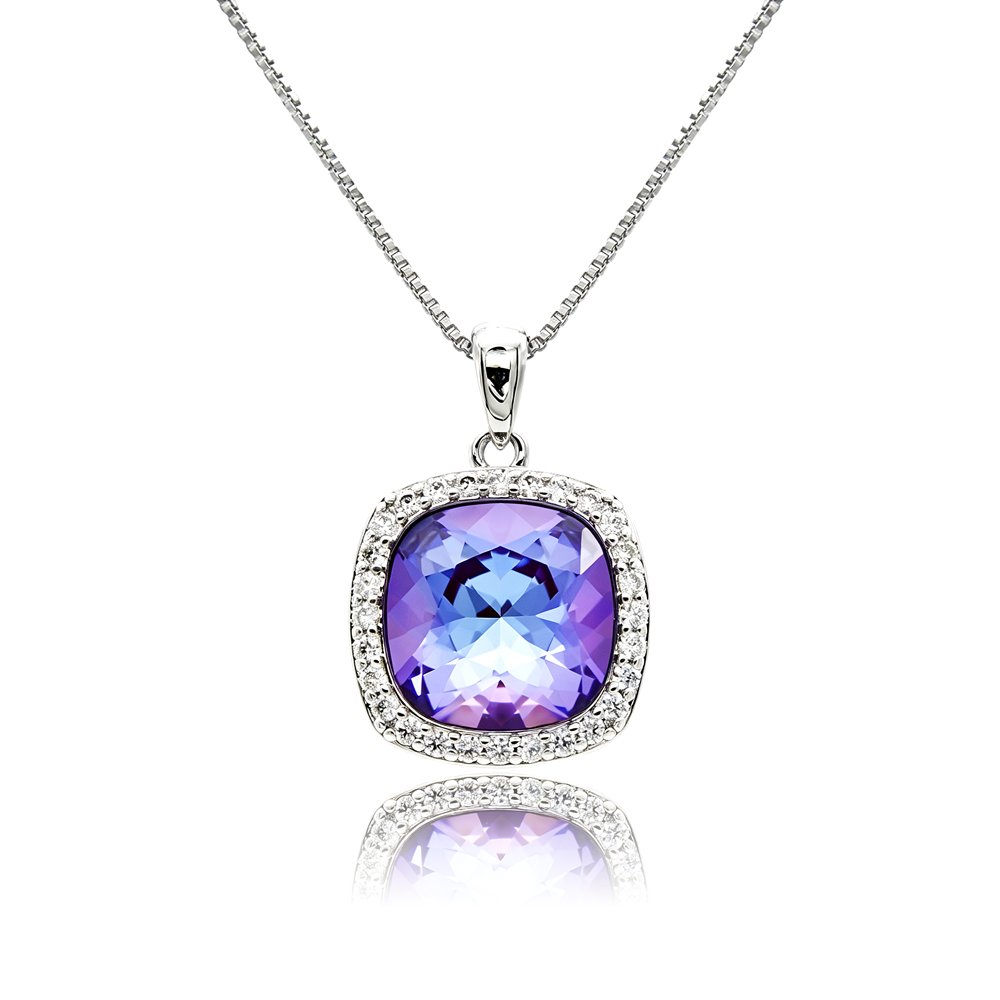 Swarovski crystal cushion necklace wholesale featuring palladium plated brass box chain, paved halo cz bezel, and cushion cut crystal center, SKU G100113E.