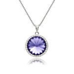 Swarovski element crystal round pendant necklace featuring a micro-paved cubic zirconia halo frame, brass base, premium palladium silver plating, and high-shine box chain.