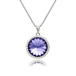 Swarovski element crystal round pendant necklace featuring a micro-paved cubic zirconia halo frame, brass base, premium palladium silver plating, and high-shine box chain.