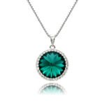Swarovski element crystal round pendant necklace featuring a micro-paved cubic zirconia halo frame, brass base, premium palladium silver plating, and high-shine box chain.