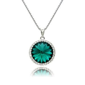 Swarovski element crystal round pendant necklace featuring a micro-paved cubic zirconia halo frame, brass base, premium palladium silver plating, and high-shine box chain.