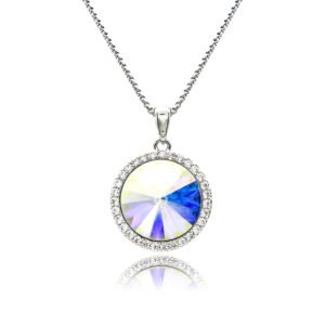Swarovski element crystal round pendant necklace featuring a micro-paved cubic zirconia halo frame, brass base, premium palladium silver plating, and high-shine box chain.