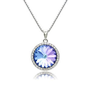 Swarovski element crystal round pendant necklace featuring a micro-paved cubic zirconia halo frame, brass base, premium palladium silver plating, and high-shine box chain.