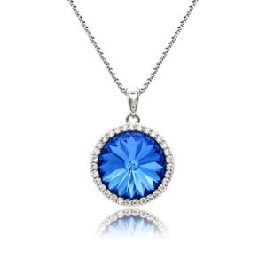 Swarovski element crystal round pendant necklace featuring a micro-paved cubic zirconia halo frame, brass base, premium palladium silver plating, and high-shine box chain.
