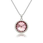 Swarovski element crystal round pendant necklace featuring a micro-paved cubic zirconia halo frame, brass base, premium palladium silver plating, and high-shine box chain.