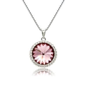 Swarovski element crystal round pendant necklace featuring a micro-paved cubic zirconia halo frame, brass base, premium palladium silver plating, and high-shine box chain.