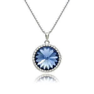 Swarovski element crystal round pendant necklace featuring a micro-paved cubic zirconia halo frame, brass base, premium palladium silver plating, and high-shine box chain.