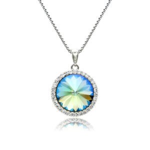 Swarovski element crystal round pendant necklace featuring a micro-paved cubic zirconia halo frame, brass base, premium palladium silver plating, and high-shine box chain.