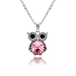 Swarovski crystal owl necklace wholesale featuring black crystal eyes, palladium plated brass frame, shiny link chain, and sparkling round crystal body in multiple colors.