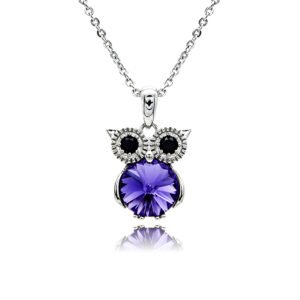 Swarovski crystal owl necklace wholesale featuring black crystal eyes, palladium plated brass frame, shiny link chain, and sparkling round crystal body in multiple colors.